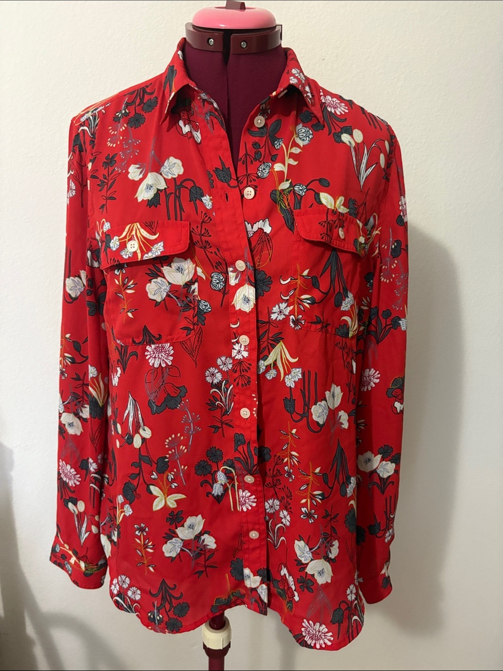 Loft size medium long sleeves red floral blouse buttoned up Made in Bangladesh